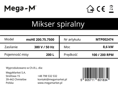 Mikser spiralny Mega-M msHE 200.75.7500 N