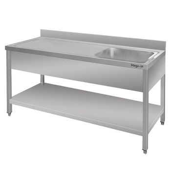 Zlew gastronomiczny z komorą po prawej stronie z maskownicą i półką Mega-M 160x60x85 cm stal nierdzewna