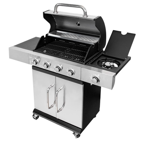 Grill ogrodowy gazowy Mega-M 4+1 ze stolikiem bocznym z pokrywą i drzwiczkami ze stali nierdzewnej reduktor + wąż gazowy
