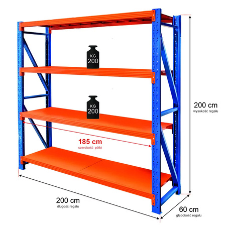 Regał magazynowy 4-półkowy Mega-M FORTIS LIGHT H-200 cm L-200 cm G-60 cm moduł bazowy N