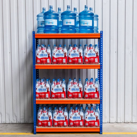 Regał magazynowy Mega-M Pro Max H-180 cm L-120 cm G-60 cm 4 półki z płyty wiórowej 15 mm (500kg) niebieski/pomarańczowy 2 kartony N
