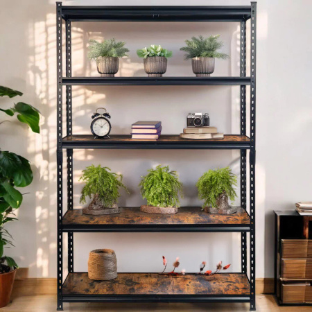 Regał magazynowy Mega-M Pro Loft H-180 cm L-120 cm G-45 cm 5 półek z MDF 6,2 mm okleina drewno (275kg) czarny N