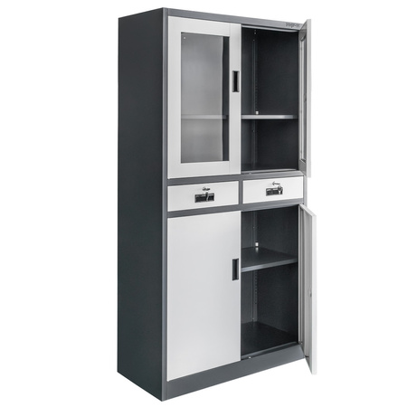 Szafa biurowa metalowa Mega-M WENUS W-03 na dokumenty przeszklona z szufladami grafitowa / szary front S- 90 cm G- 40 cm H-185 cm skręcana N