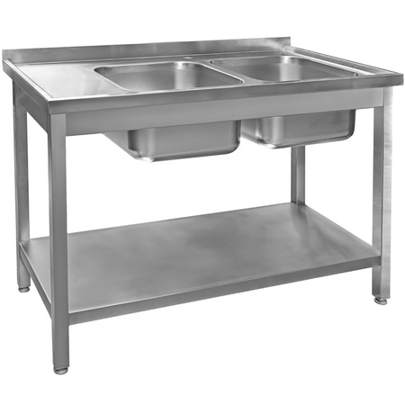 Zlew gastronomiczny spawany dwukomorowy z półką Mega-M 120x60x85 cm stal nierdzewna