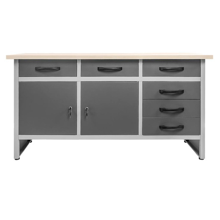 Stół warsztatowy z 6 szufladami 2 szafkami zamykanymi Mega-M HANDYMAN S-160 cm G-60 cm H-85 cm grafit