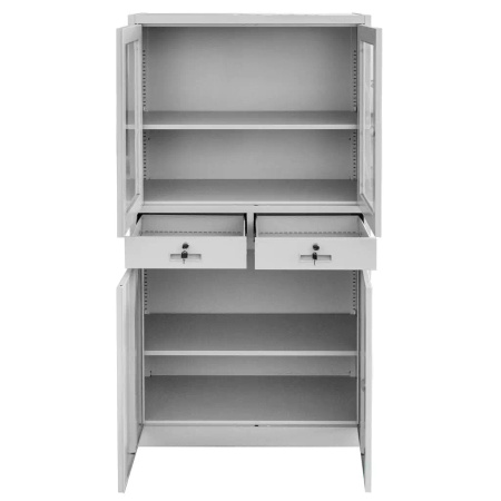 Szafa biurowa metalowa na dokumenty Mega-M WENUS przeszklone drzwi 2 szuflady S-90 cm G-40 cm H-185 cm szara