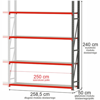 Regał magazynowy 4-półkowy Mega-M FORTIS H-240 cm L-258,5 cm G-50 cm moduł dostawny N