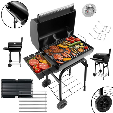 Grill ogrodowy węglowy z pokrywą i kominem Mega-M stolik boczny 34.5x23 cm