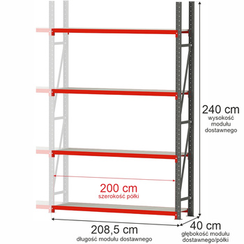 Regał metalowy magazynowy 4-półkowy Mega-M FORTIS H-240 cm L-208.5 cm G-40 cm  moduł dostawny