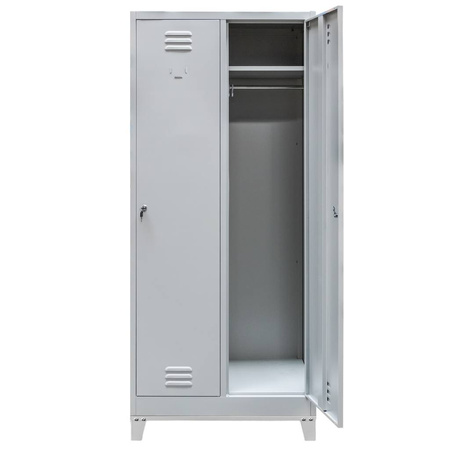 Szafka ubraniowa BHP Mega-M J-80 na podstawie z nóżkami 2 drzwiowa szara S-80 cm G-50 cm H-190 cm skręcana N