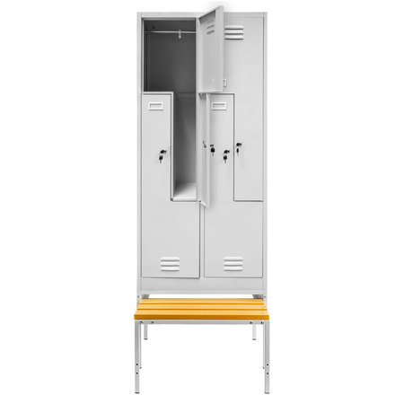 Szafka ubraniowa BHP Mega-M J-80/L na podstawie z wysuwaną ławeczką 4 drzwiowa typ L szara S-80 cm G-80 cm H-223 cm skręcana N