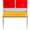 Szafka ubraniowa BHP Mega-M J-80 na podstawie z wysuwaną ławeczką 2 drzwiowa z przegrodami szara/ czerwony front S-80 cm G-80 cm H-223 cm skręcana N