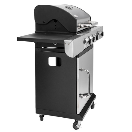 Grill ogrodowy gazowy Mega-M 3+1 ze stolikiem bocznym z pokrywą i drzwiczkami ze stali nierdzewnej reduktor + wąż gazowy