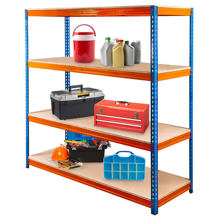 Regał magazynowy Mega-M PRO MAX H-180 cm L-180 cm G-60 cm 4 półki z MDF 15 mm 500 kg niebiesko-pomarańczowy