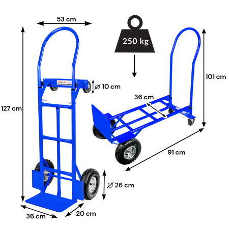 Rozkładany wózek transportowy 2w1 magazynowy młynarka taczkowy Mega-M 250kg niebieski