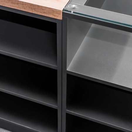 Lada sklepowa sprzedażowa impulsowa z przeszkloną górą i frontem Mega-M H-90 cm L-270 cm G-60 cm antracyt/blat dąb kraft