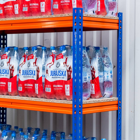 Regał magazynowy Mega-M Pro Max H-180 cm L-120 cm G-60 cm 4 półki z płyty wiórowej 15 mm (500kg) niebieski/pomarańczowy 2 kartony N
