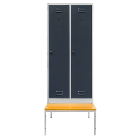 Szafka BHP ubraniowa na podstawie z ławeczką Mega-M pracownicza 2-drzwiowa z przegrodami S-80 cm szara/grafitowy front