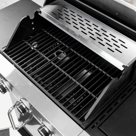 Grill ogrodowy gazowy Mega-M 3+1 ze stolikiem bocznym z pokrywą i drzwiczkami ze stali nierdzewnej reduktor + wąż gazowy