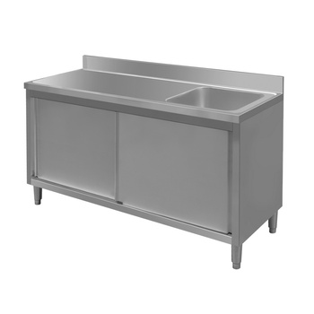 Stół ze stali nierdzewnej przyścienny ze zlewem po prawej stronie i z szafką Mega-M S-160 cm G-60 cm H-85 cm N
