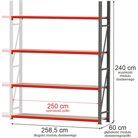 Regał metalowy magazynowy 4-półkowy Mega-M FORTIS H-240 cm L-258.5 cm G-60 cm moduł dostawny