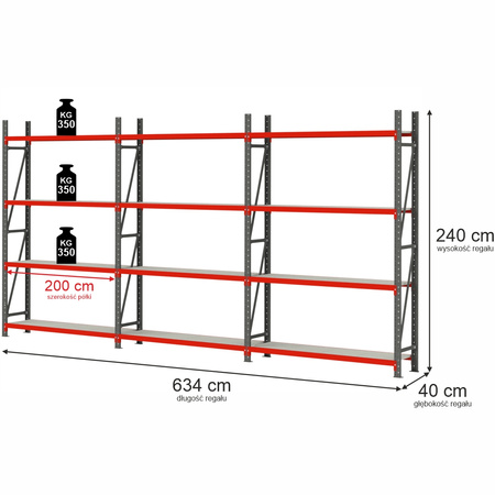 Regał magazynowy 12-półkowy Mega-M FORTIS H-240 cm L-634 cm G-40 cm