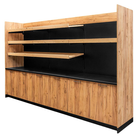 Regał ekspozycyjno-sprzedażowy zakasowy Mega-M H- 230 cm L- 364 cm G- 63 cm dąb kraft/czarny