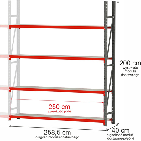 Regał metalowy magazynowy 4-półkowy Mega-M FORTIS H-200 cm L-258.5 cm G-40 cm moduł dostawny