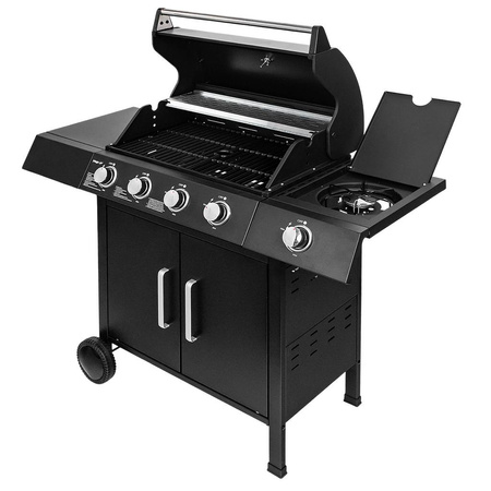 Grill ogrodowy gazowy Mega-M 4+1 ze stolikiem bocznym czarny reduktor + wąż gazowy