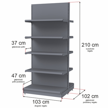 Regał sklepowy Mega-M Merkury dwustronny H-210 cm L-100 cm G-2x47/8x37 cm (GC-102 cm) grafit moduł bazowy N