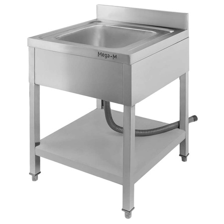Zlew gastronomiczny jednokomorowy z maskownicą, półką i syfonem z rurą odpływową Mega-M 60x70x85 cm stal nierdzewna