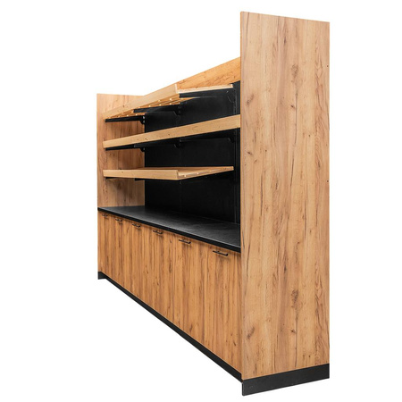 Regał ekspozycyjno-sprzedażowy zakasowy Mega-M H- 230 cm L- 364 cm G- 63 cm dąb kraft/czarny