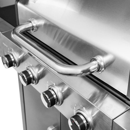 Grill ogrodowy gazowy Mega-M 4+1 ze stolikiem bocznym z pokrywą ze stali nierdzewnej reduktor + wąż gazowy