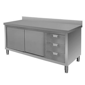 Stół gastronomiczny ze stali nierdzewnej spawany przyścienny z szafką i blokiem 3 szuflad Mega-M 160x70x85 cm
