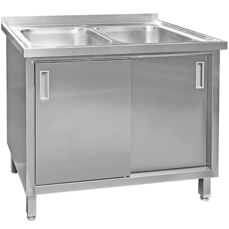 Zlew ze stali nierdzewnej 2-komorowy przyścienny spawany z szafką Mega-M S-100 cm G-60 cm H-85 cm N