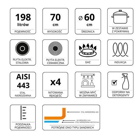 Garnek ze stali nierdzewnej AISI 443 wysoki z pokrywką Mega-M PRO 198L 60x70 cm
