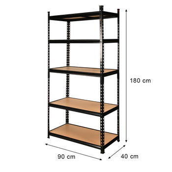 Regał magazynowy Mega-M Pro Loft H-180 cm L-90 cm G-40 cm 5 półek z MDF 6,2 mm (275kg) czarny N