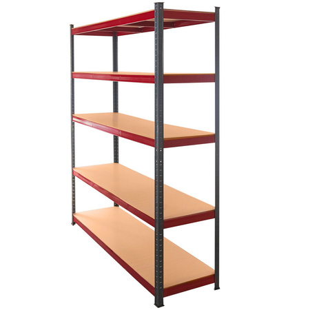 Regał magazynowy Mega-M Basic Plus H-180 cm L-150 cm G-45 cm 5 półek z MDF 6,8 mm (275kg) grafitowy/czerwony N