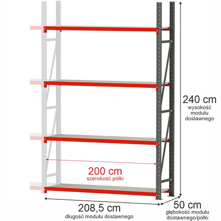 Regał metalowy magazynowy 4-półkowy Mega-M FORTIS H-240 cm L-208.5 cm G-50 cm moduł dostawny