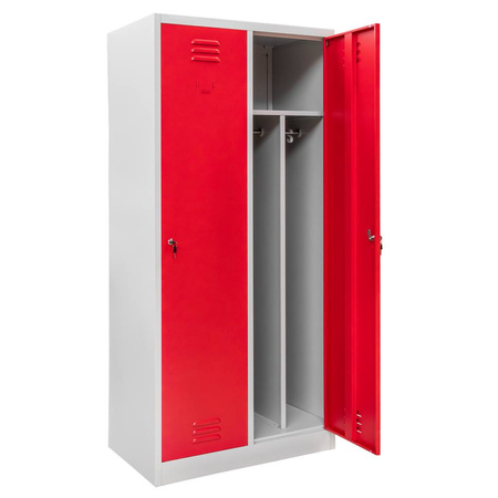 Szafka BHP ubraniowa Mega-M pracownicza 2-drzwiowa z przegrodami S-80 cm szara/czerwony front WYSYŁKA PALETOWA