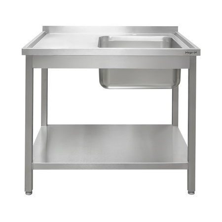Zlew gastronomiczny spawany z komorą po prawej stronie i półką Mega-M 100x60x85 cm stal nierdzewna