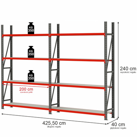 Regał magazynowy 8-półkowy Mega-M FORTIS H-240 cm L-425.5 cm G-40 cm
