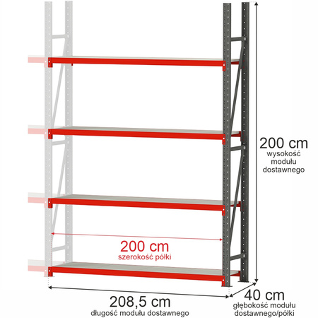 Regał metalowy magazynowy 4-półkowy Mega-M FORTIS H-200 cm L-208.5 cm G-40 cm moduł dostawny