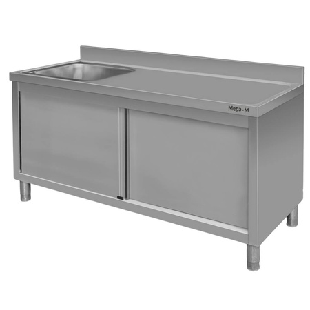 Stół ze stali nierdzewnej przyścienny ze zlewem po lewej stronie i z szafką Mega-M S-160 cm G-70 cm H-85 cm N