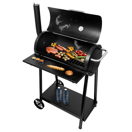 Grill ogrodowy węglowy beczka z pokrywą i kominem Mega-M stolik boczny 53x29 cm