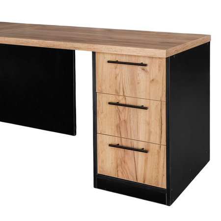 Biurko narożne przyścienne z szafką i szufladami Mega-M L-160 cm G-60 cm H-76 cm dąb kraft/czarny
