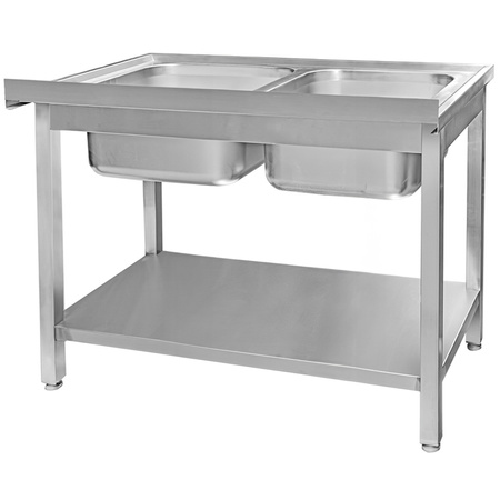 Zlew ze stali nierdzewnej 2-komorowy przyścienny spawany z półką Mega-M S-120 cm G-70 cm H-85 cm N