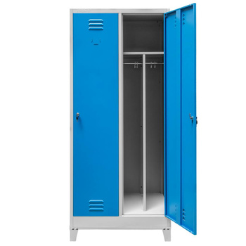 Szafka BHP ubraniowa na podstawie z nóżkami Mega-M pracownicza 2-drzwiowa z przegrodami S-80 cm szara/niebieski front
