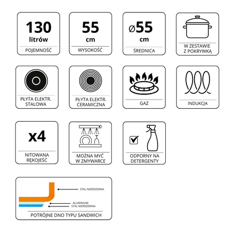 Garnek ze stali nierdzewnej wysoki z pokrywką Mega-M 130L 55x55 cm