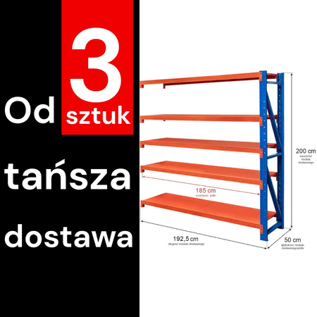 Regał metalowy magazynowy 5-półkowy Mega-M FORTIS LIGHT H-200 cm L-192,5 cm G-60 cm moduł dostawny WYSYŁKA PALETOWA